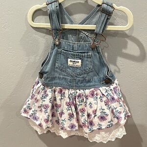 Jean overall dress with flower skirt.